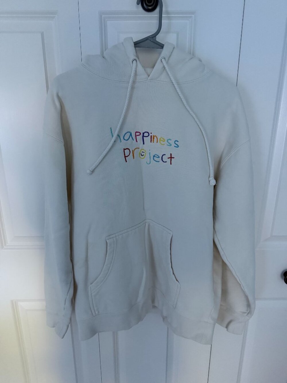 Happiness Project Cream Hoodie with Colorful Text Unisex Size Large
